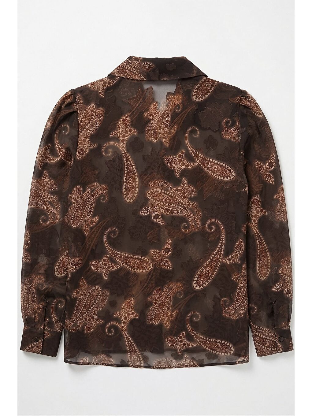 Kahverengi Şal Desen Kolu Büzgülü Gömlek - Kahve-6