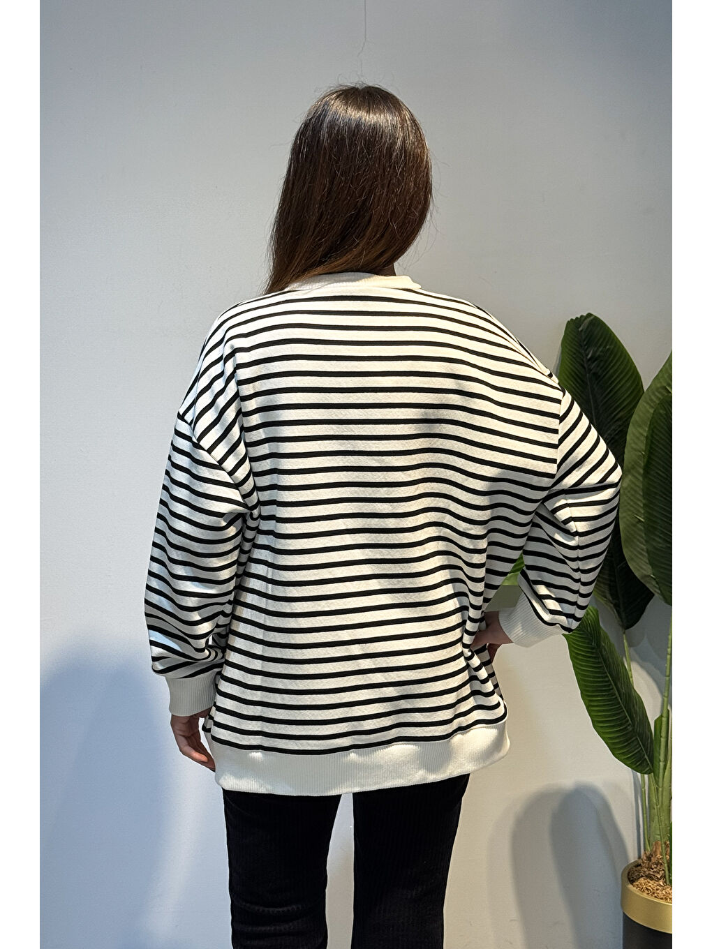 Bisiklet Yaka Çizgili Basic Uzun Kol Sweatshirt 3030 Siyah-3