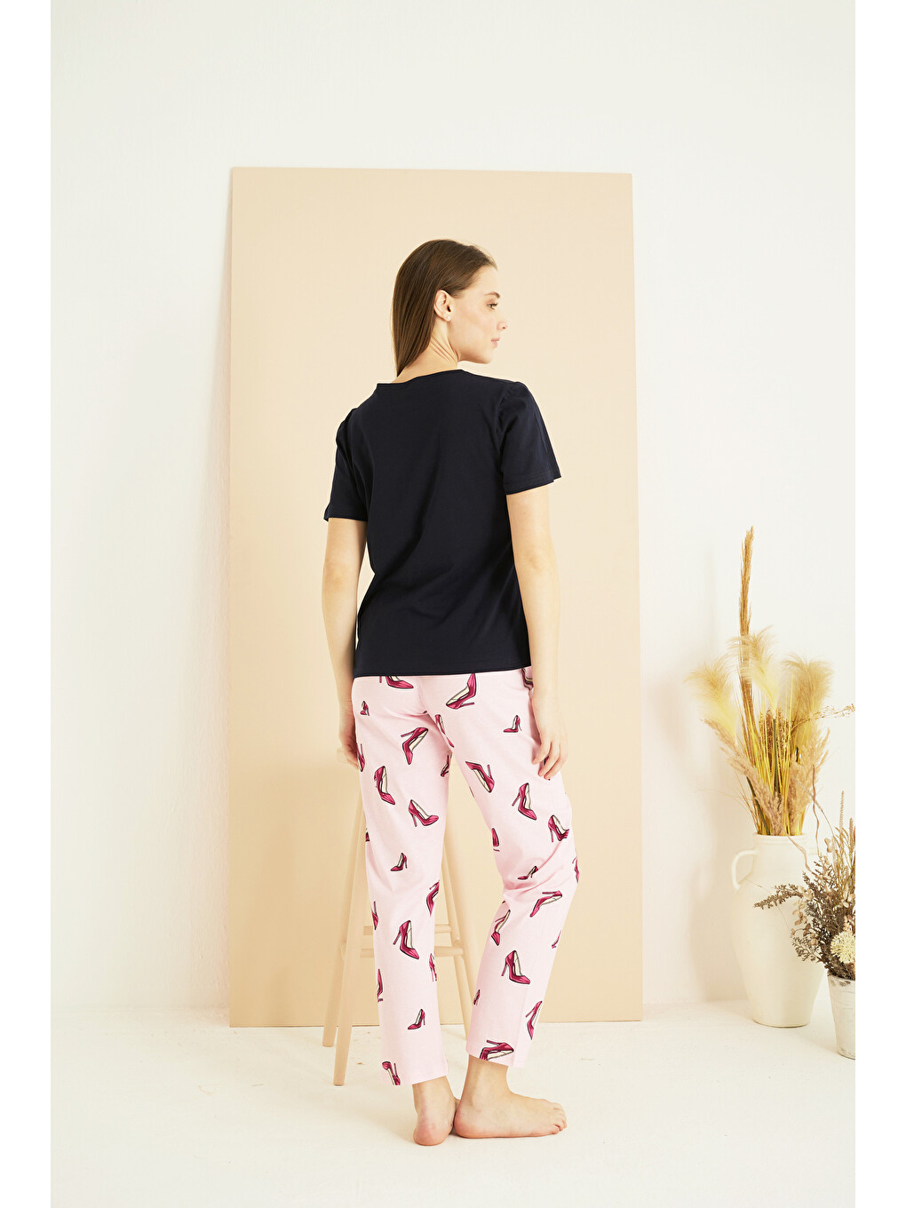 Lacivert Desenli Pamuklu Bisiklet Yaka Örme Pijama Takım25103264-2