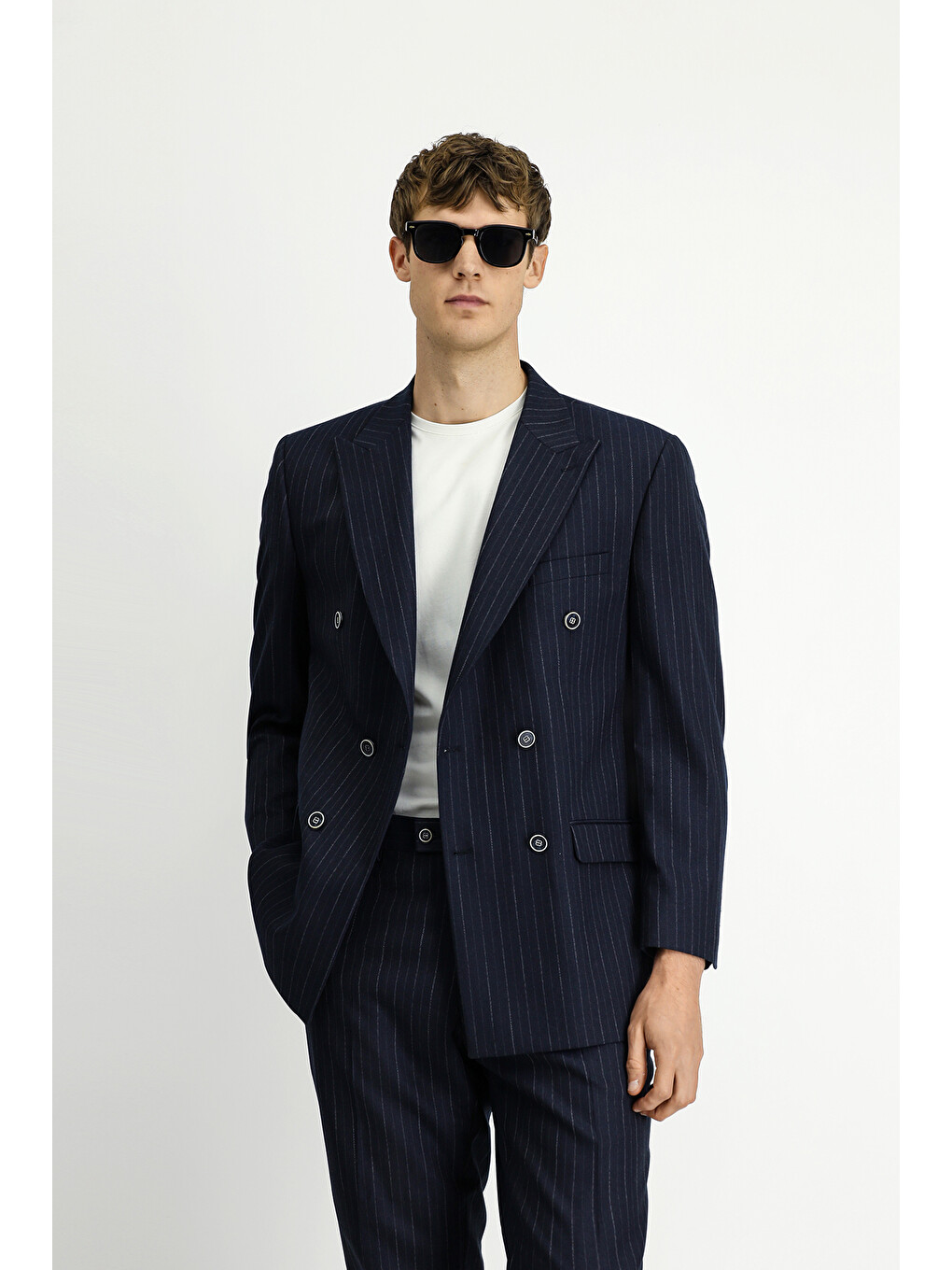 Lacivert 7 Drop Slim Fit Dar Kesim Çizgili Kruvaze Takım Elbise-2