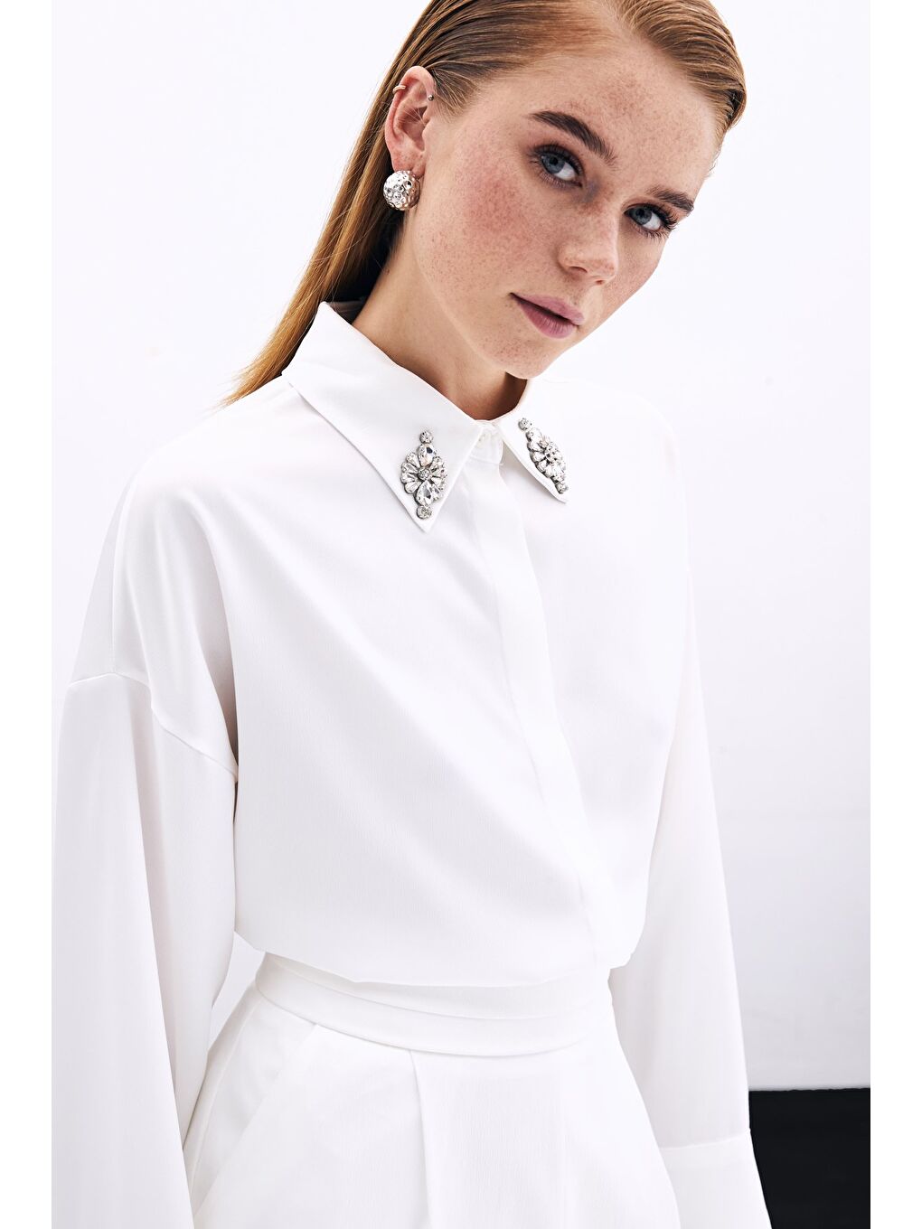 Aksesuar Detaylı Gömlek - Ekru-5