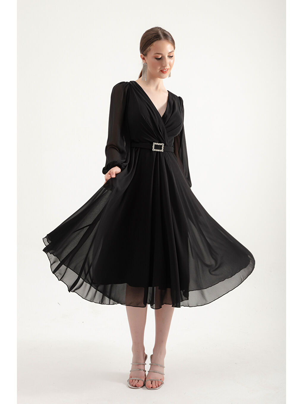 Kadın Siyah Kemerli Midi Şifon Abiye Elbise