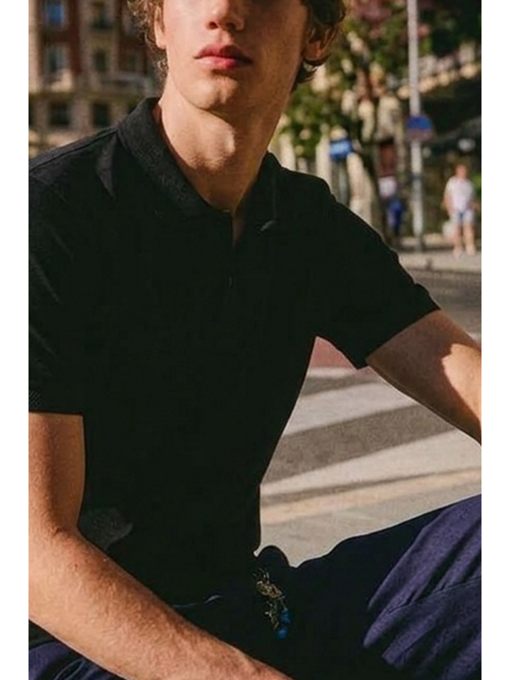 Erkek Basic Sokak Stili Siyah Polo Yaka Tişört-5