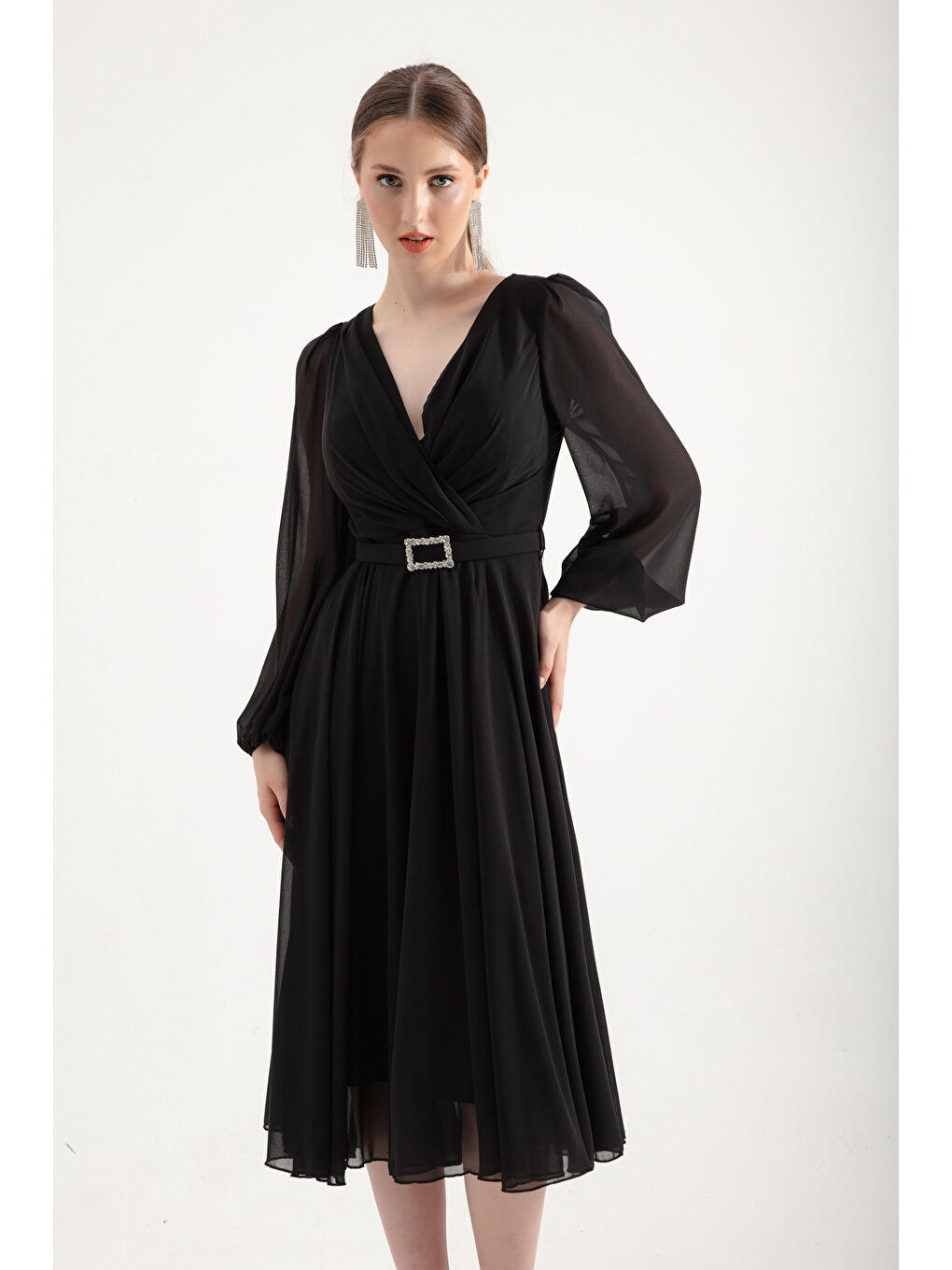 Kadın Siyah Kemerli Midi Şifon Abiye Elbise-1