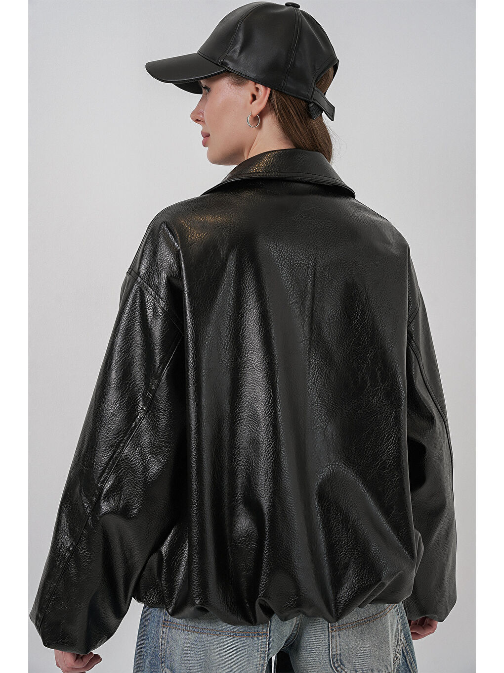 Kadın Oversize Suni Deri Ceket 1049 - Siyah-7