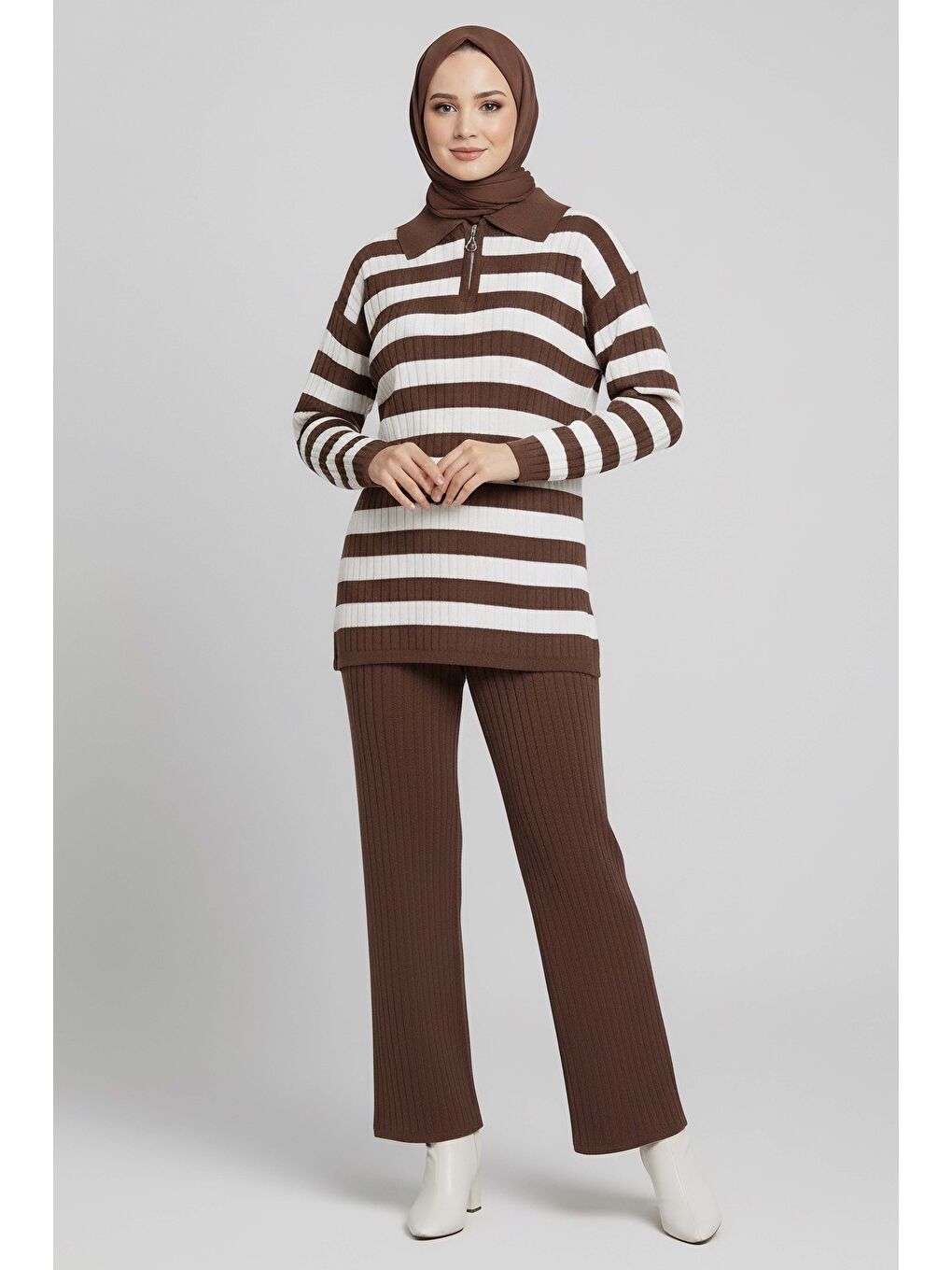 Kahverengi Çizgili Triko İkili Takım Kahve - 27999-KAHVE-1