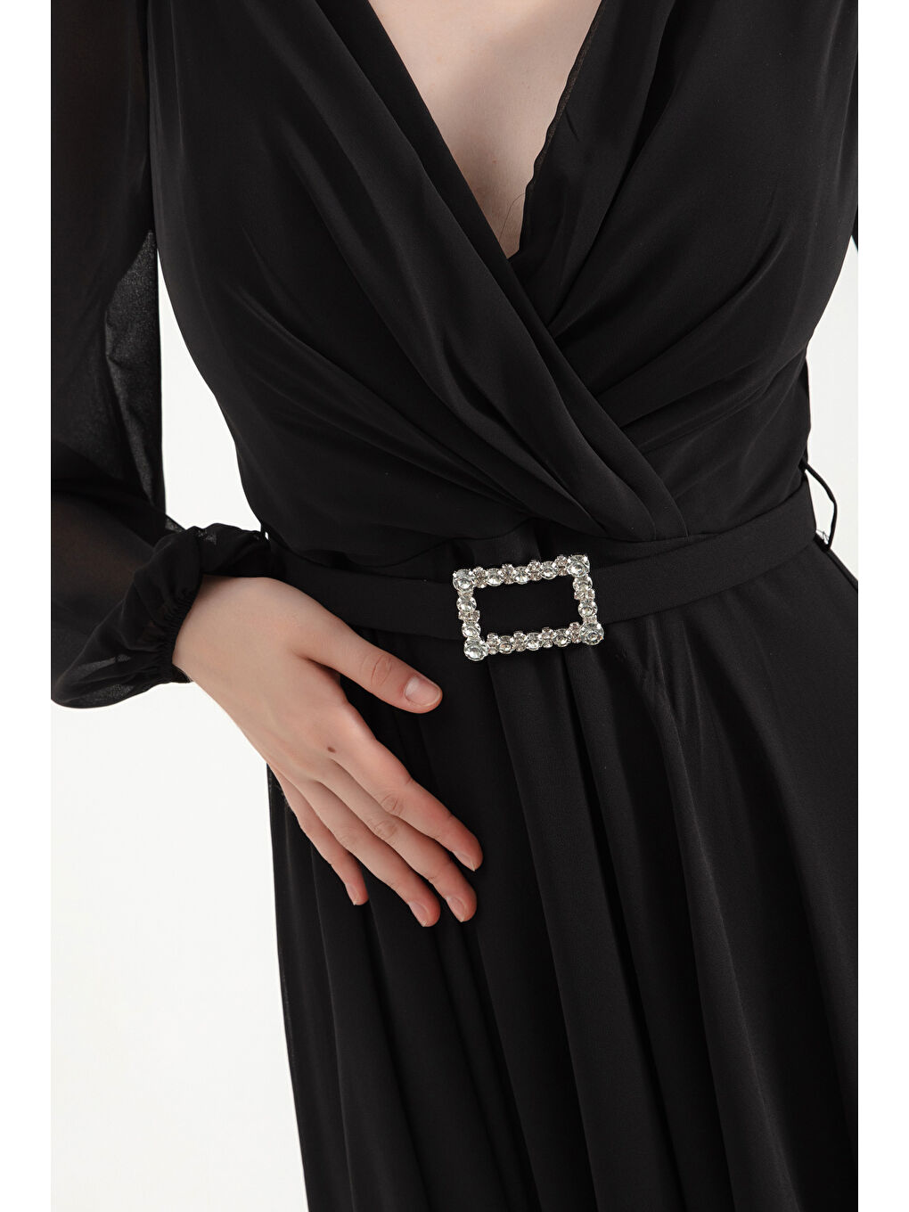 Kadın Siyah Kemerli Midi Şifon Abiye Elbise-2