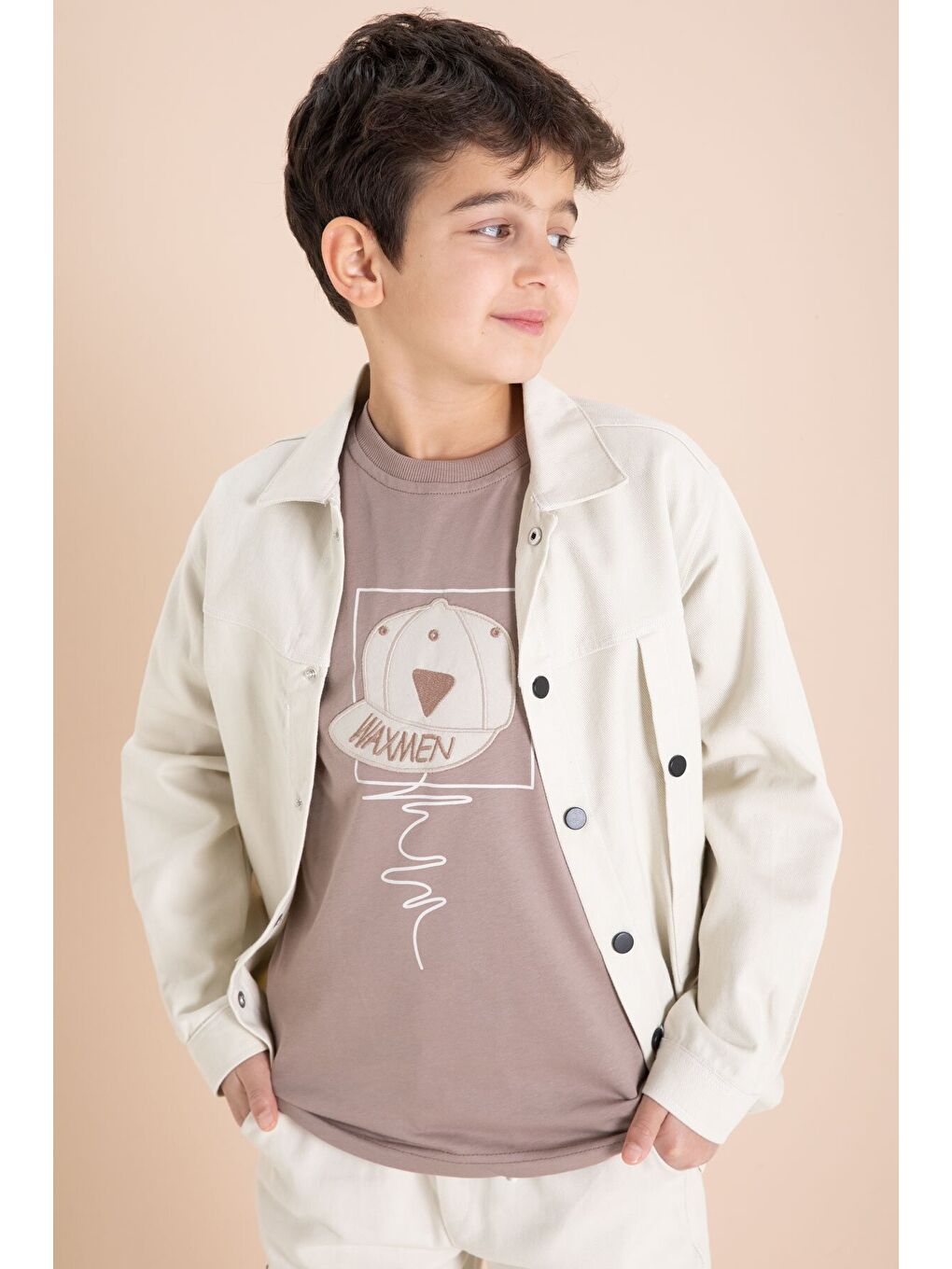 Ekru Krem Kargo Cepli Jean Ceketli ve Pantolonlu Erkek Çocuk Tişörtlü 3lü Takım 23537-3