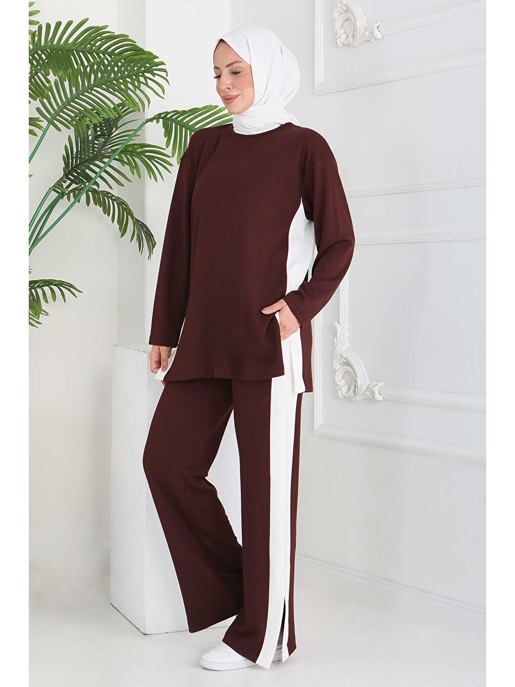 Kahverengi Garnili Yırtmaçlı Modal İkili Takım Kahve - 28012-KAHVE-2