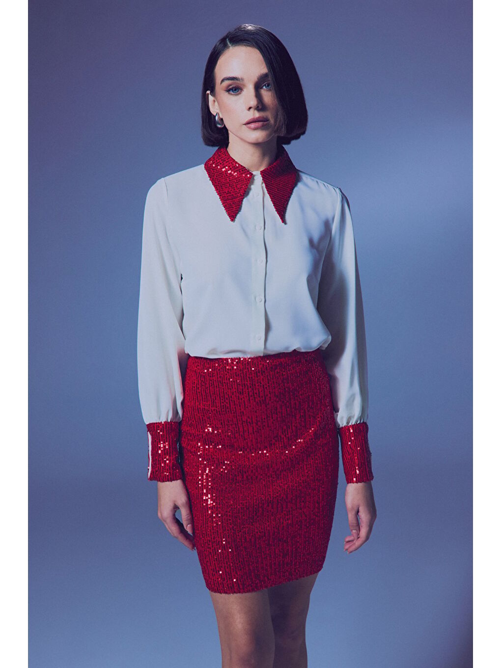 Lila Payet Detaylı Gömlek - Ekru-Kırmızı