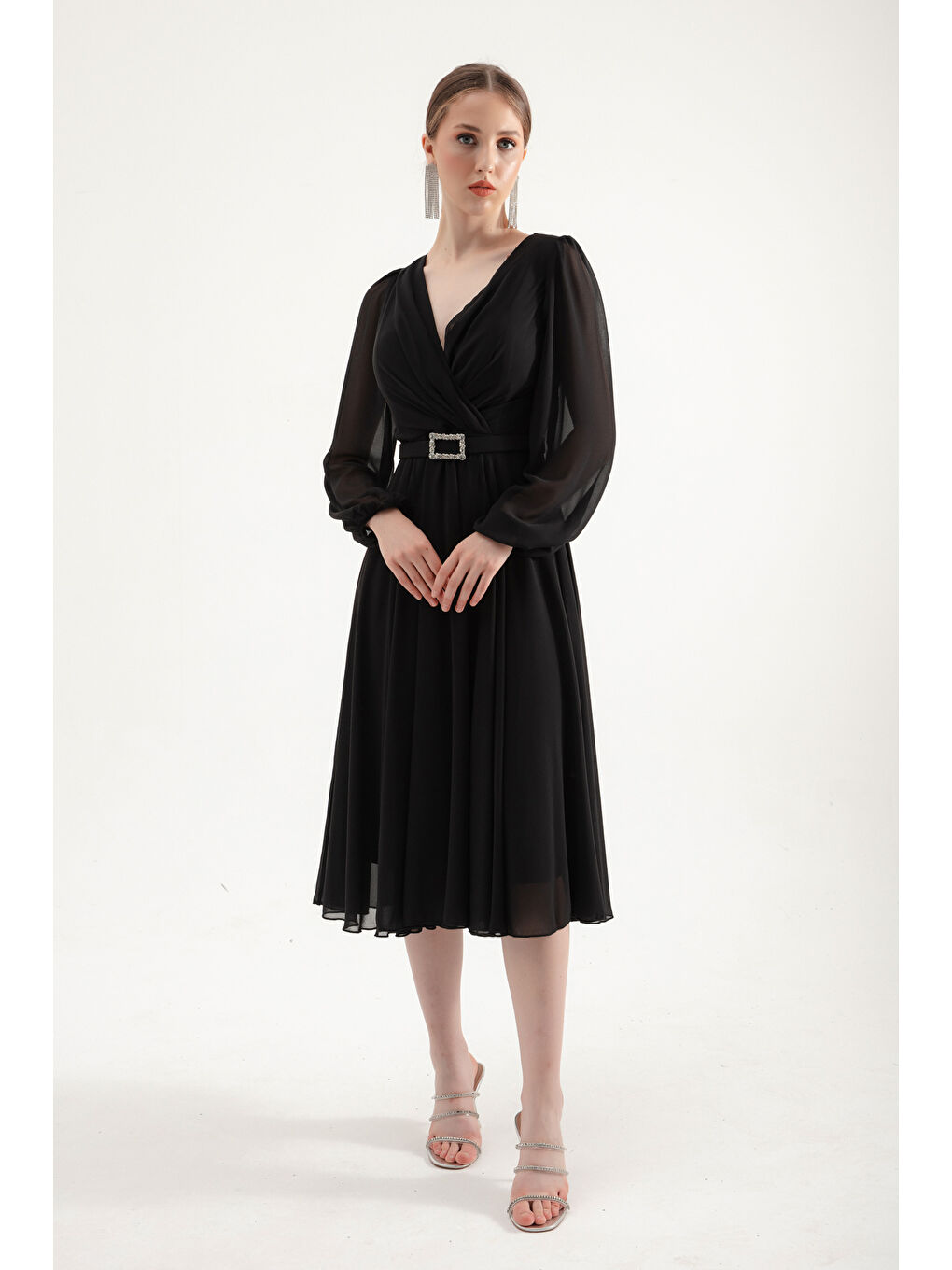 Kadın Siyah Kemerli Midi Şifon Abiye Elbise-3