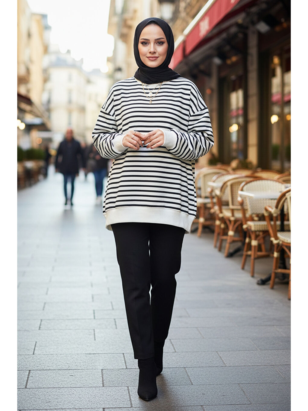 Bisiklet Yaka Çizgili Basic Uzun Kol Sweatshirt 3030 Siyah-4