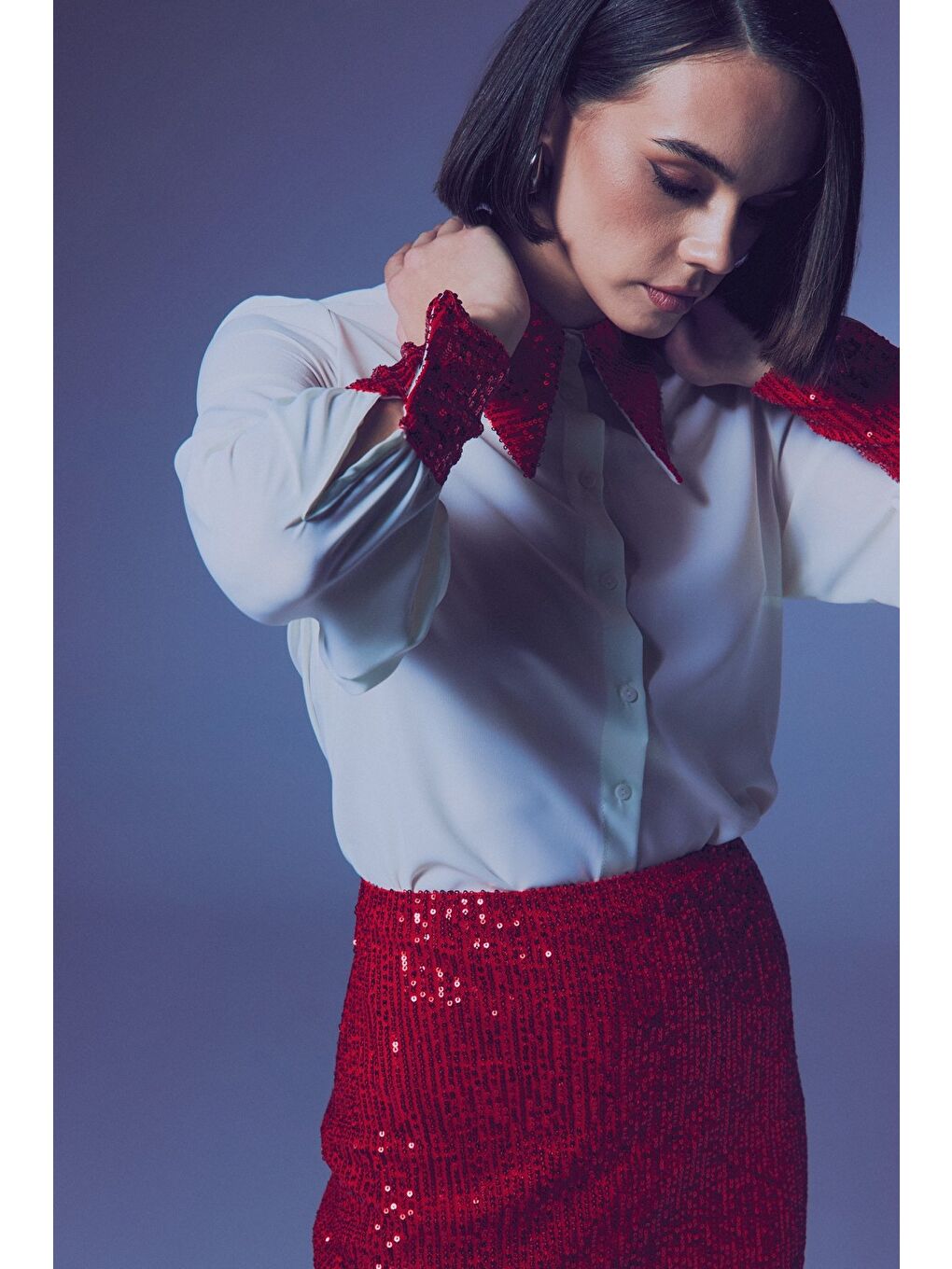 Lila Payet Detaylı Gömlek - Ekru-Kırmızı-1