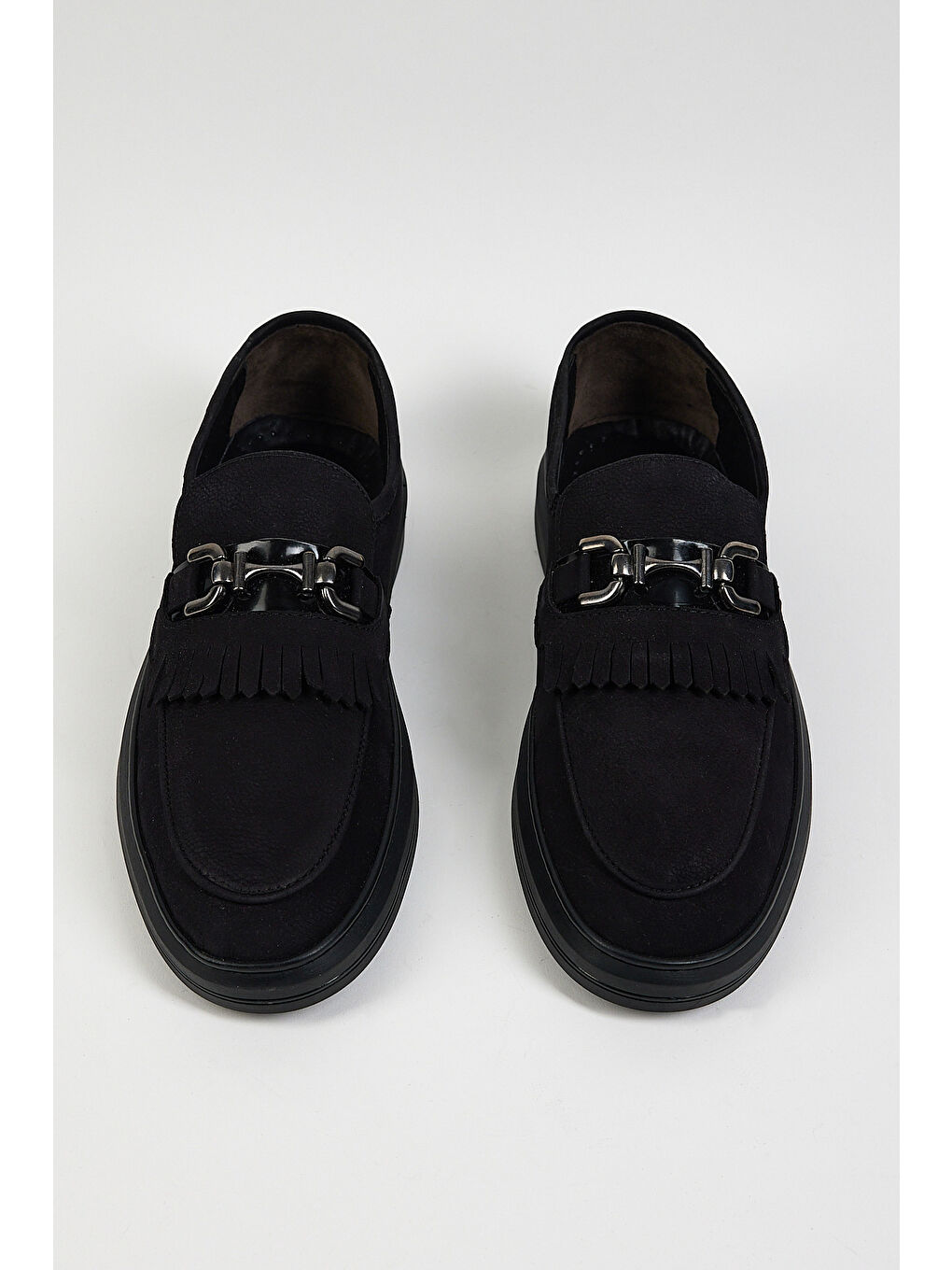 Bordo Erkek Siyah Süet Rahat Kalıp Hakiki Deri Püsküllü Tokalı Loafer-1