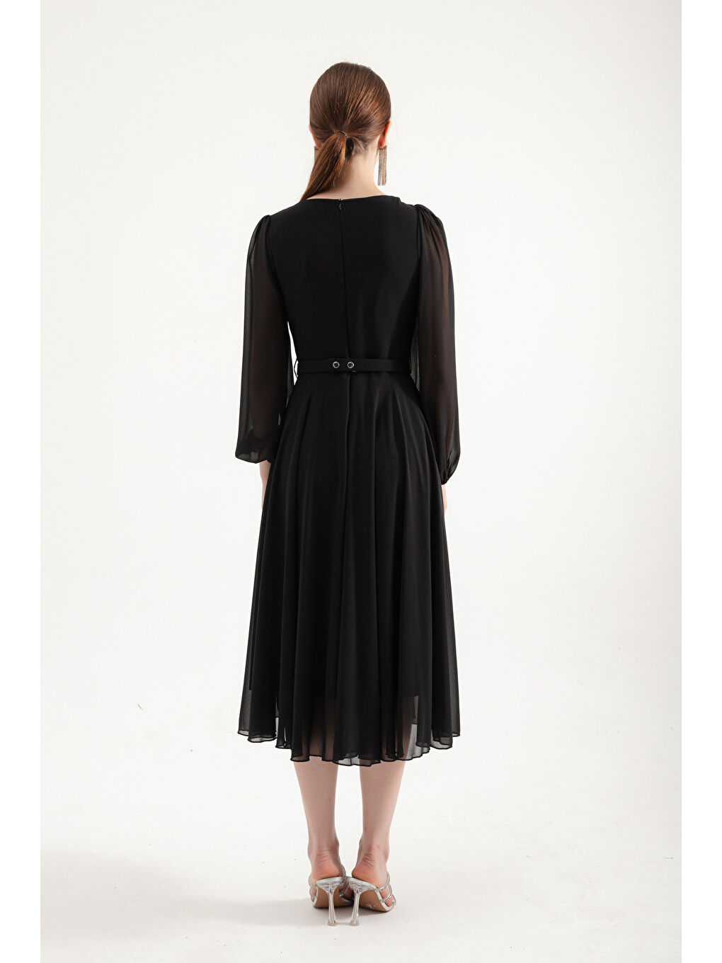 Kadın Siyah Kemerli Midi Şifon Abiye Elbise-4