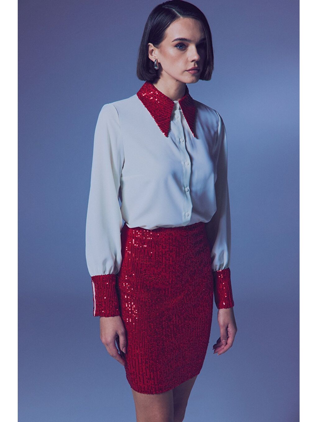 Lila Payet Detaylı Gömlek - Ekru-Kırmızı-2