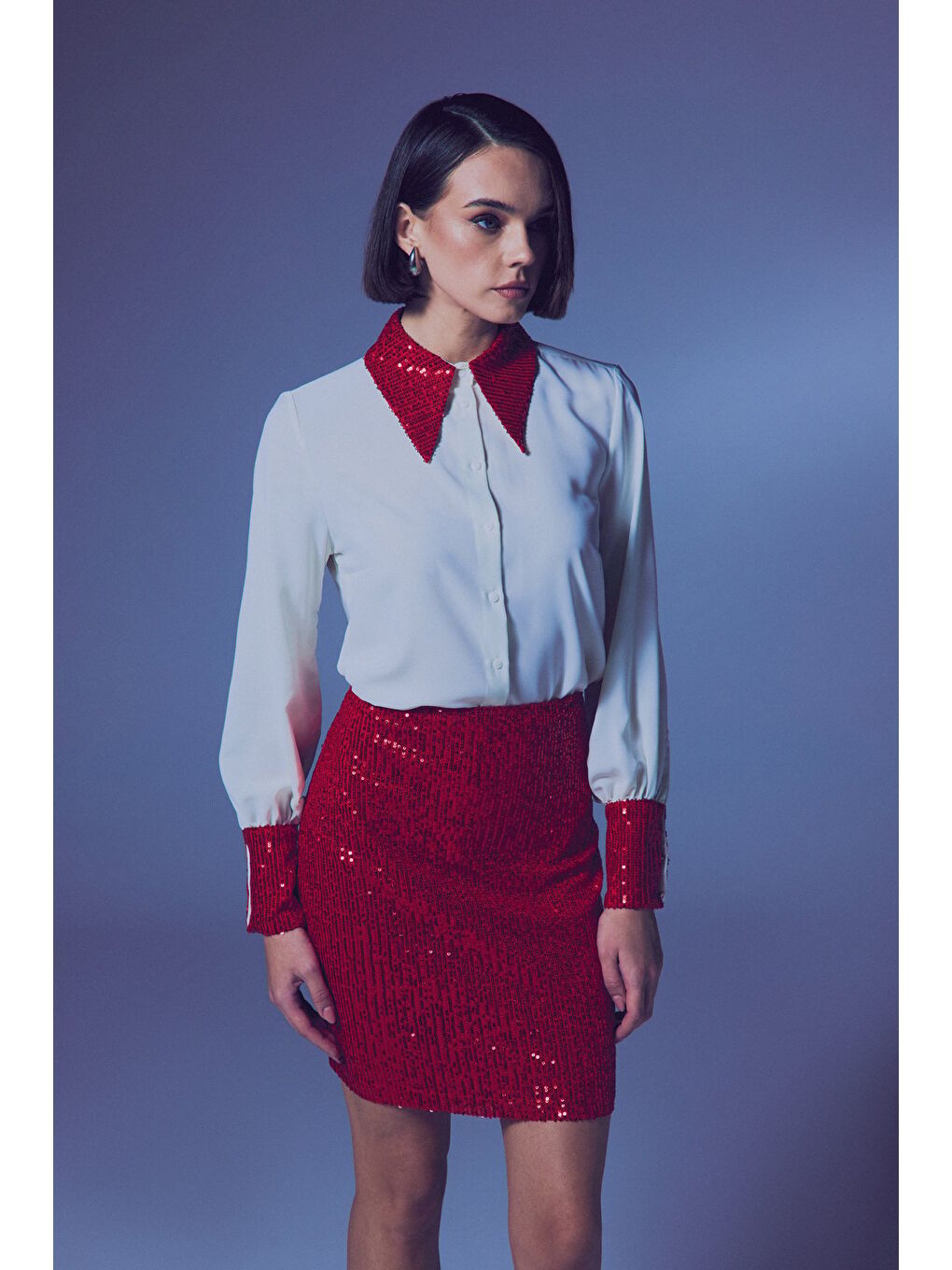 Lila Payet Detaylı Gömlek - Ekru-Kırmızı-3