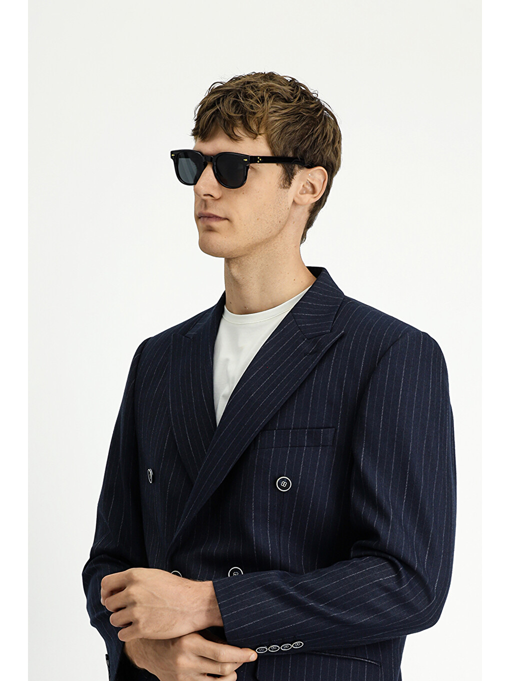 Lacivert 7 Drop Slim Fit Dar Kesim Çizgili Kruvaze Takım Elbise-3