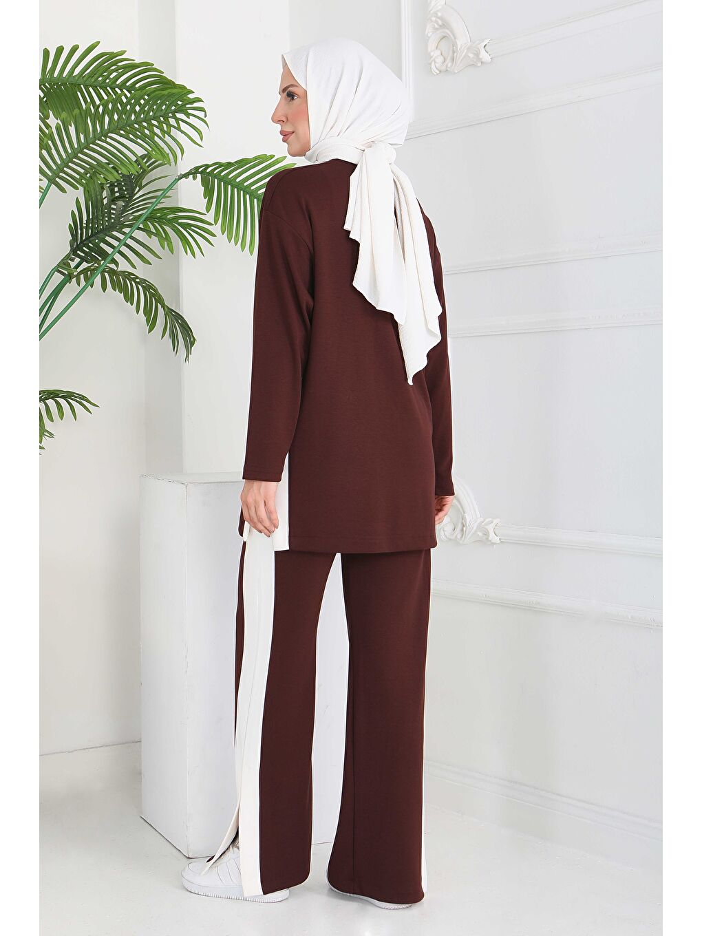 Kahverengi Garnili Yırtmaçlı Modal İkili Takım Kahve - 28012-KAHVE-3