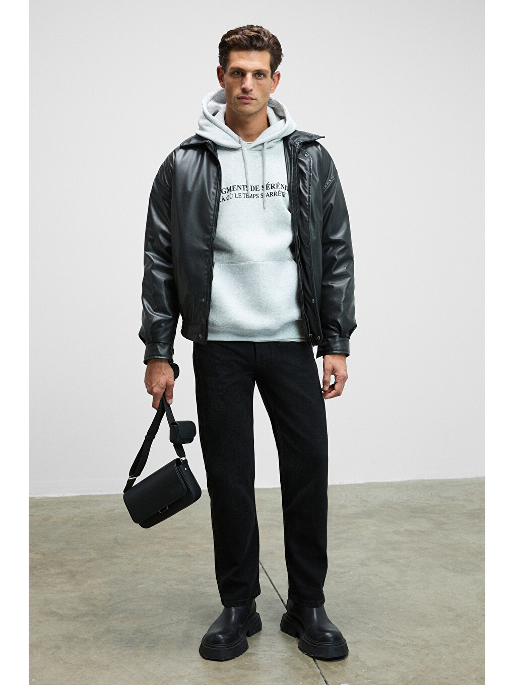 Cornelıus Erkek Önü Ve Kolları Baskılı Kapüşonlu Kordonlu Kanguru Cepli Gri Melanj Sweatshirt-1