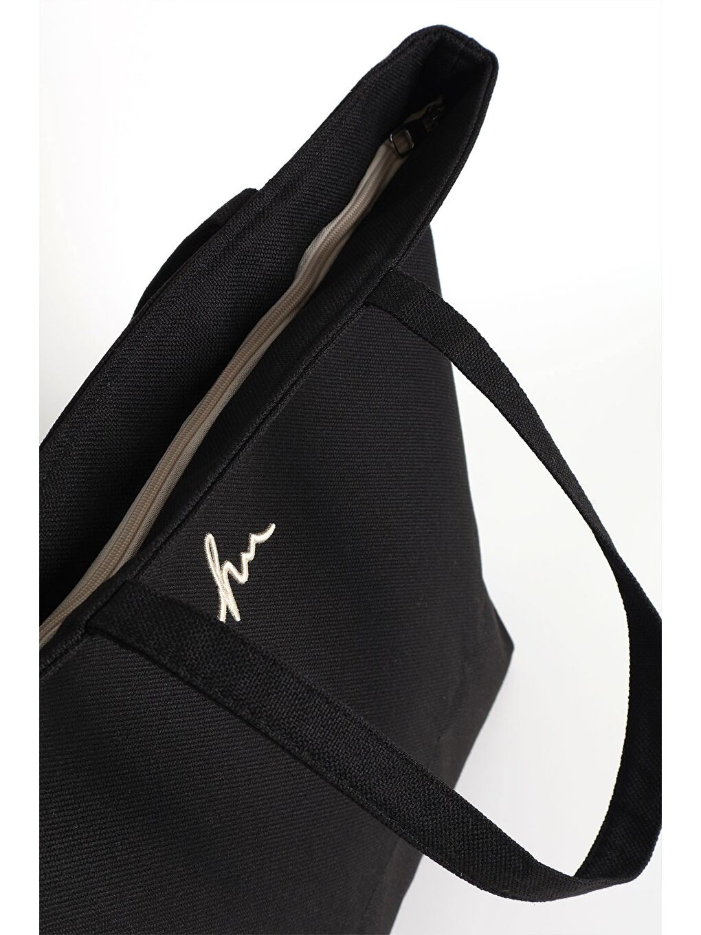 İmza Detaylı Nakışlı Fermuarlı Keten Plaj Çantası Siyah Renk 35-1