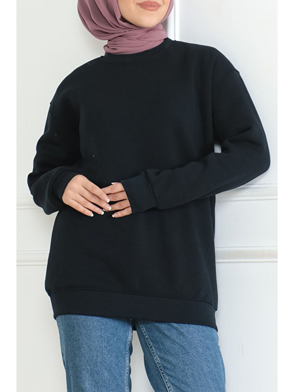 Kadın Bisiklet Yaka Salak Sweatshirt Lacivert - 26617
