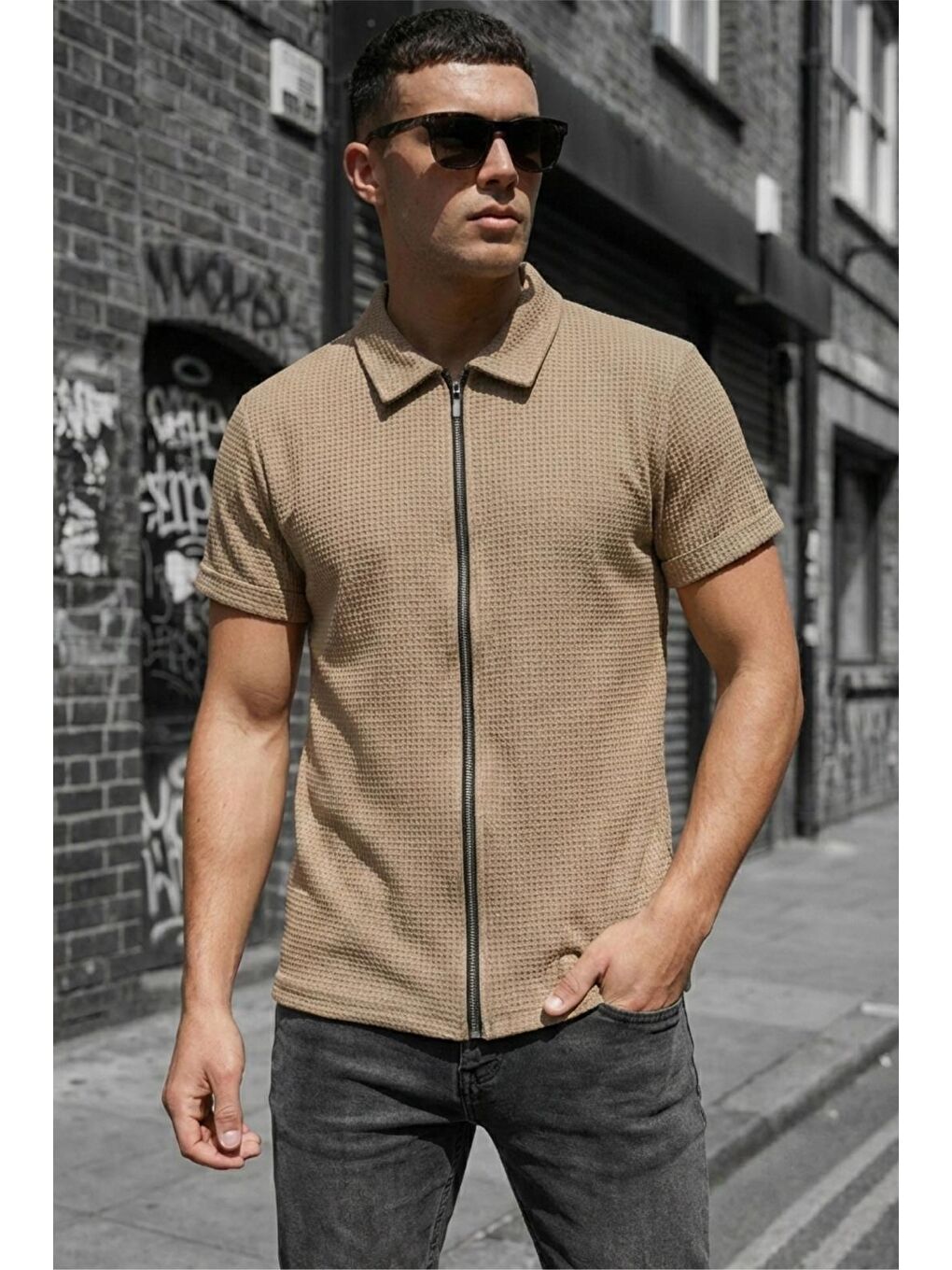 Kahverengi Qui Fermuar Detaylı Kısa Kollu Dokulu Örme Gömlek Ceket (Polo Yaka)