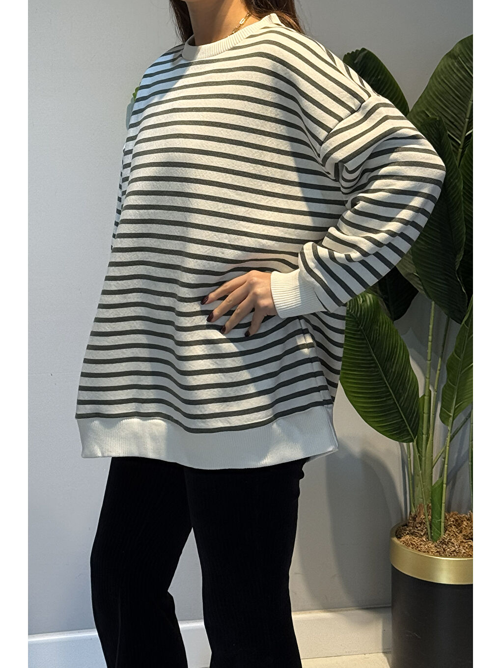 Bisiklet Yaka Çizgili Basic Uzun Kol Sweatshirt 3030 Haki-2