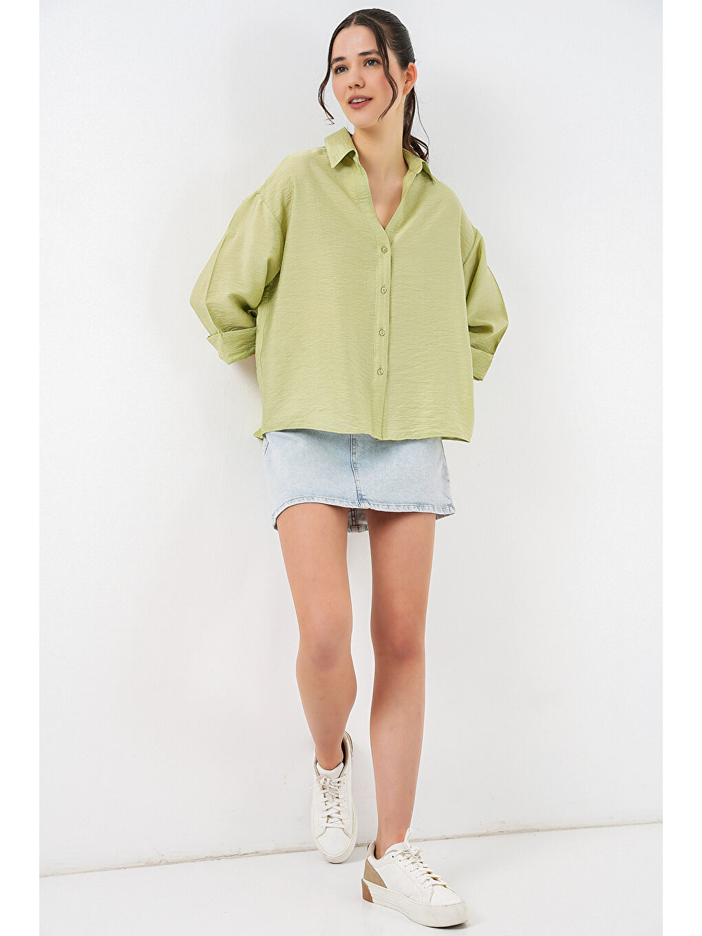 Yeşil Kadın Oversize Kısa Kol Gömlek 20315 - Çağla-1