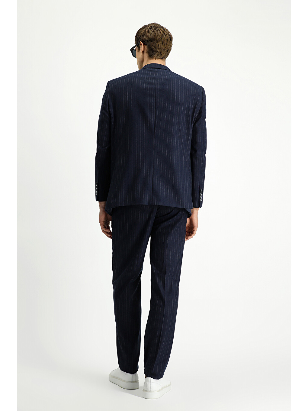 Lacivert 7 Drop Slim Fit Dar Kesim Çizgili Kruvaze Takım Elbise-4
