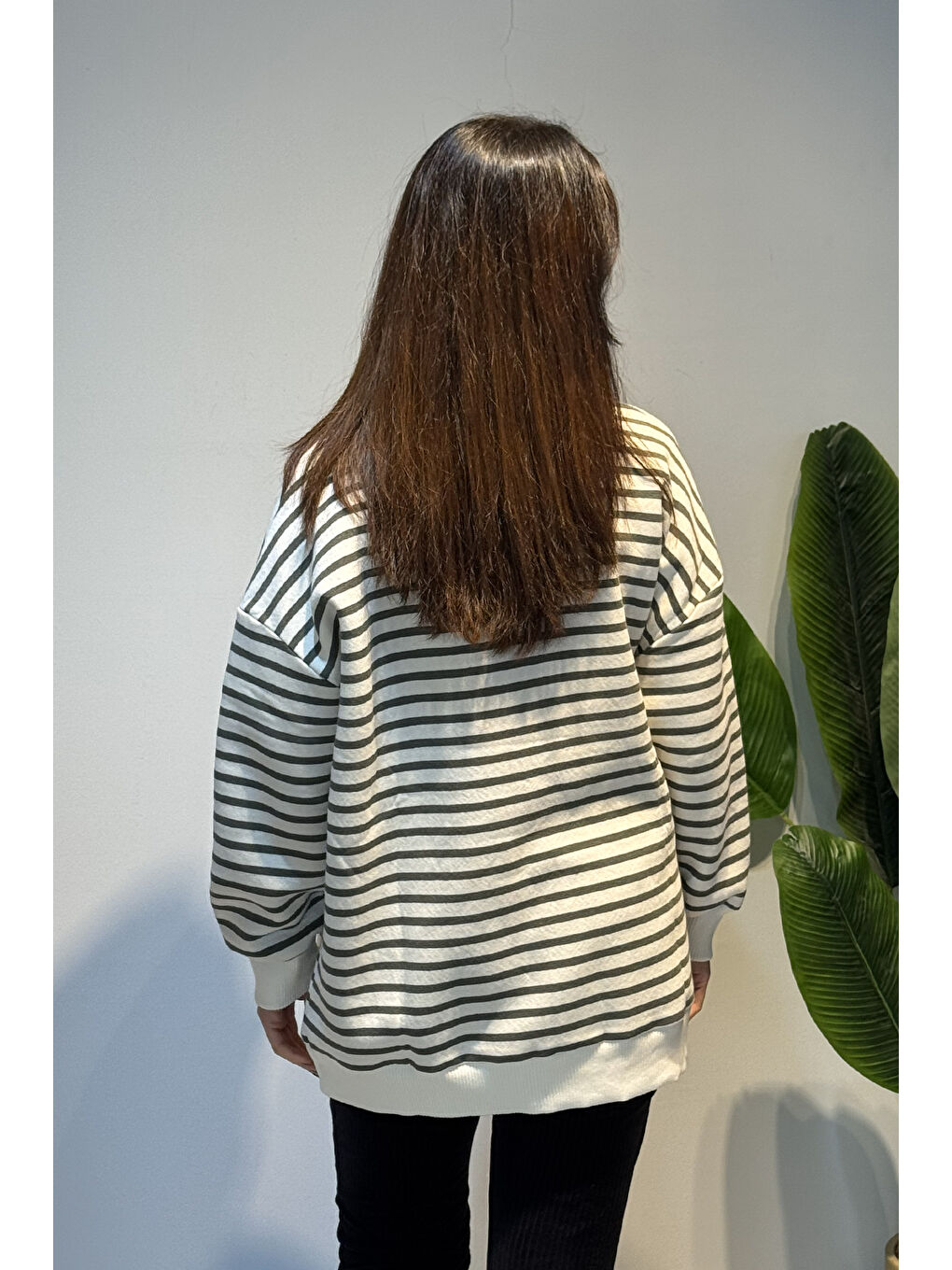 Bisiklet Yaka Çizgili Basic Uzun Kol Sweatshirt 3030 Haki-3