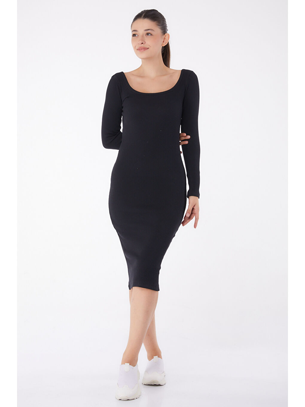 Havuz Yaka Midi Elbise Siyah - 26125-1