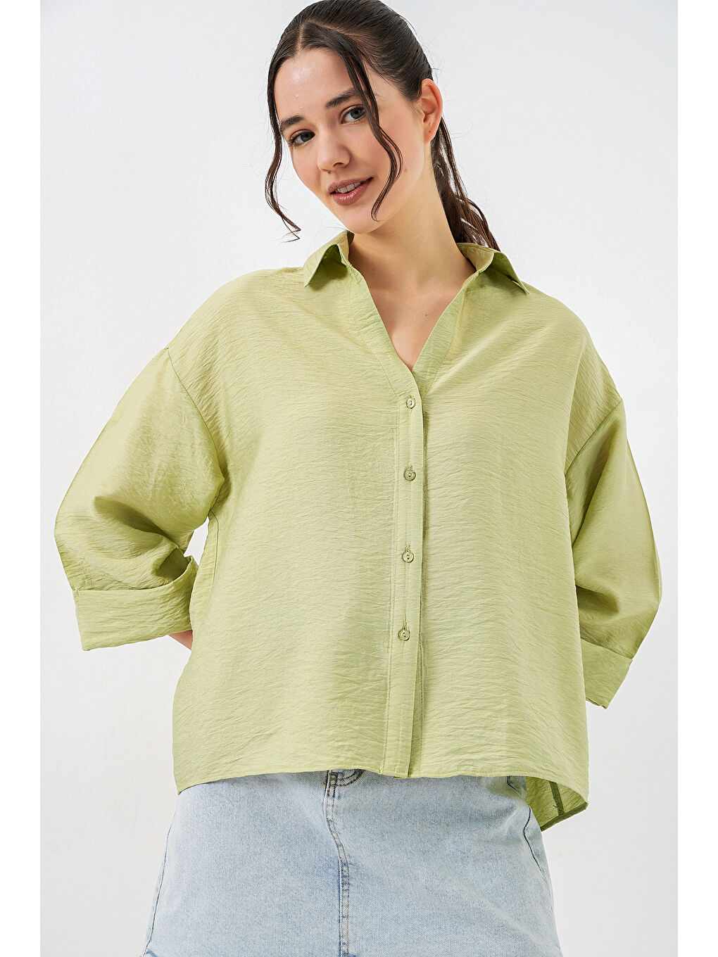 Yeşil Kadın Oversize Kısa Kol Gömlek 20315 - Çağla-2