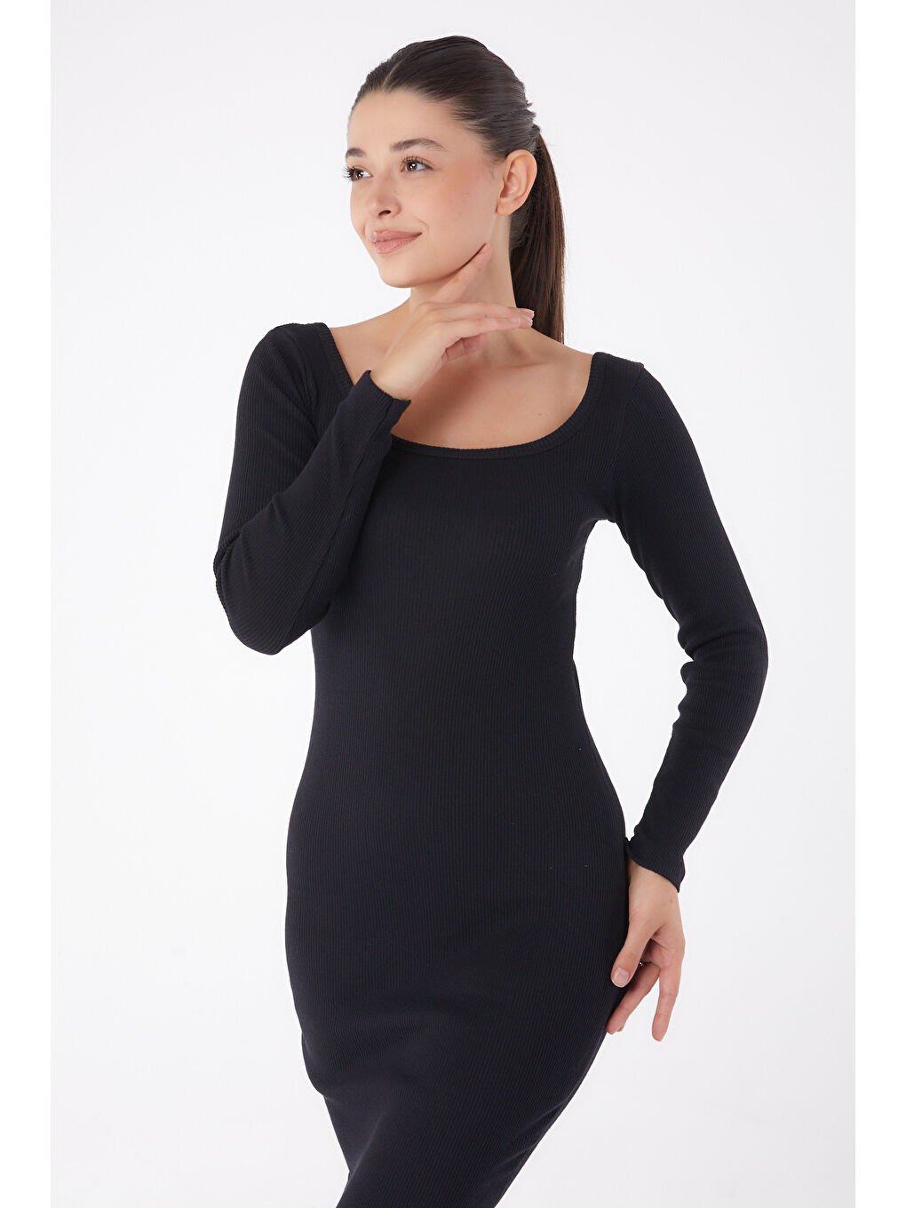 Havuz Yaka Midi Elbise Siyah - 26125-2