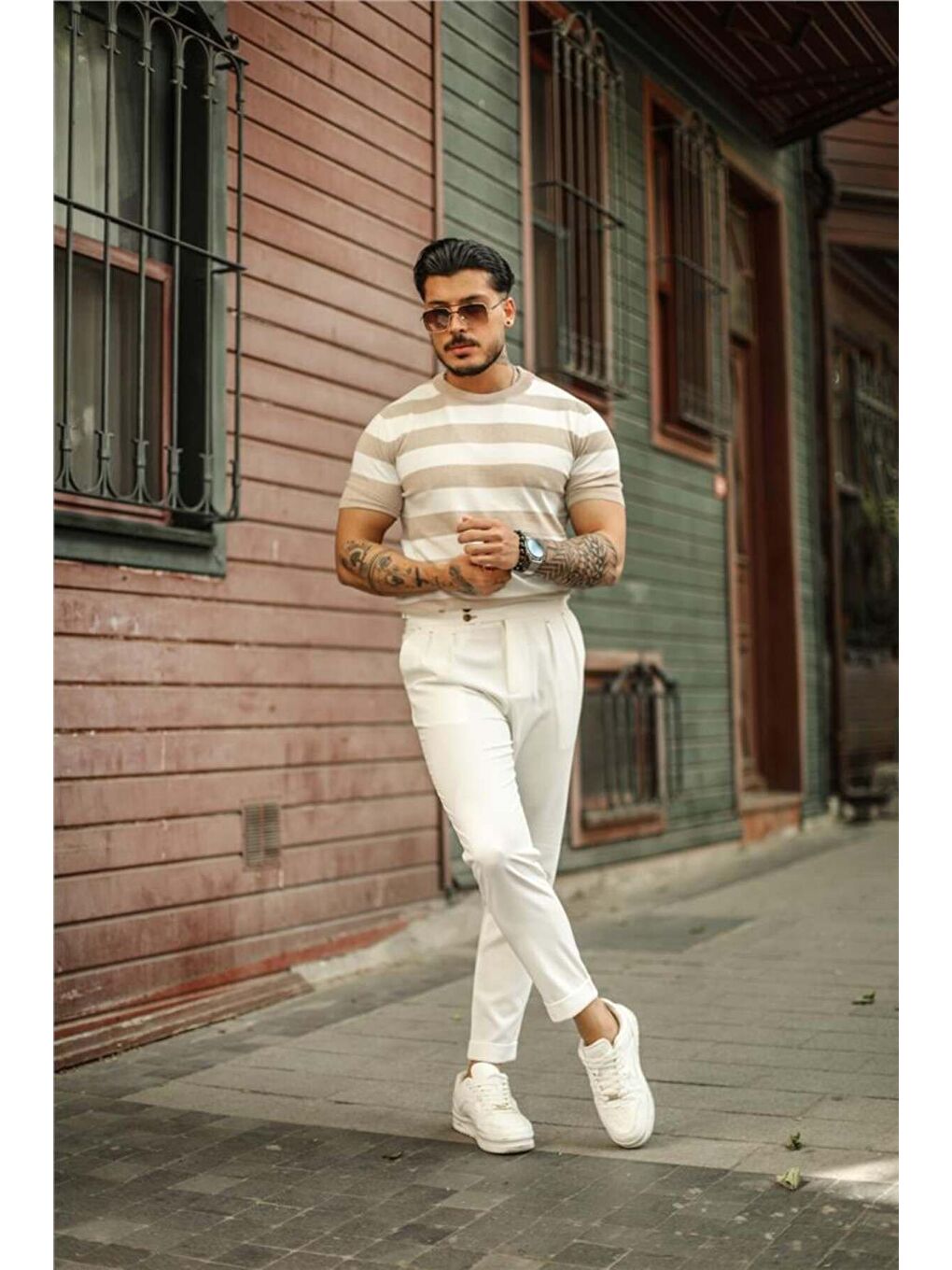 Erkek Beyaz Taş Normal Kalıp Triko Tişört-2