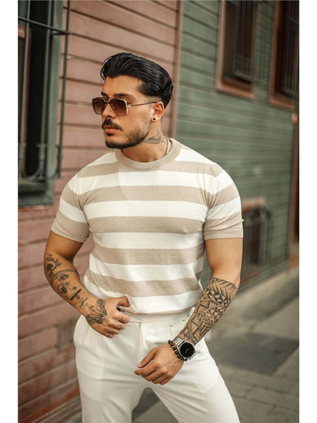 Erkek Beyaz Taş Normal Kalıp Triko Tişört-3