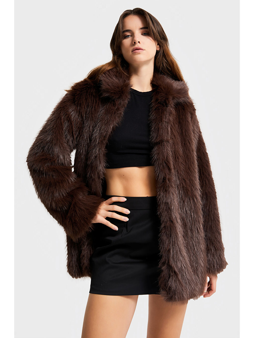 Kadın Kahverengi w5-16 Özel Kumaş Kürk Mont Kaban-2