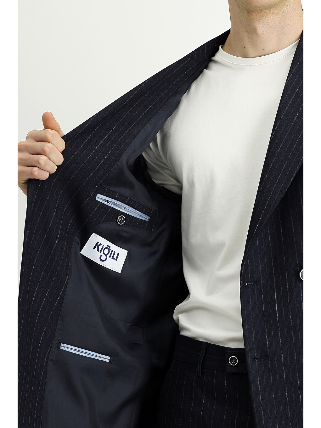 Lacivert 7 Drop Slim Fit Dar Kesim Çizgili Kruvaze Takım Elbise-5