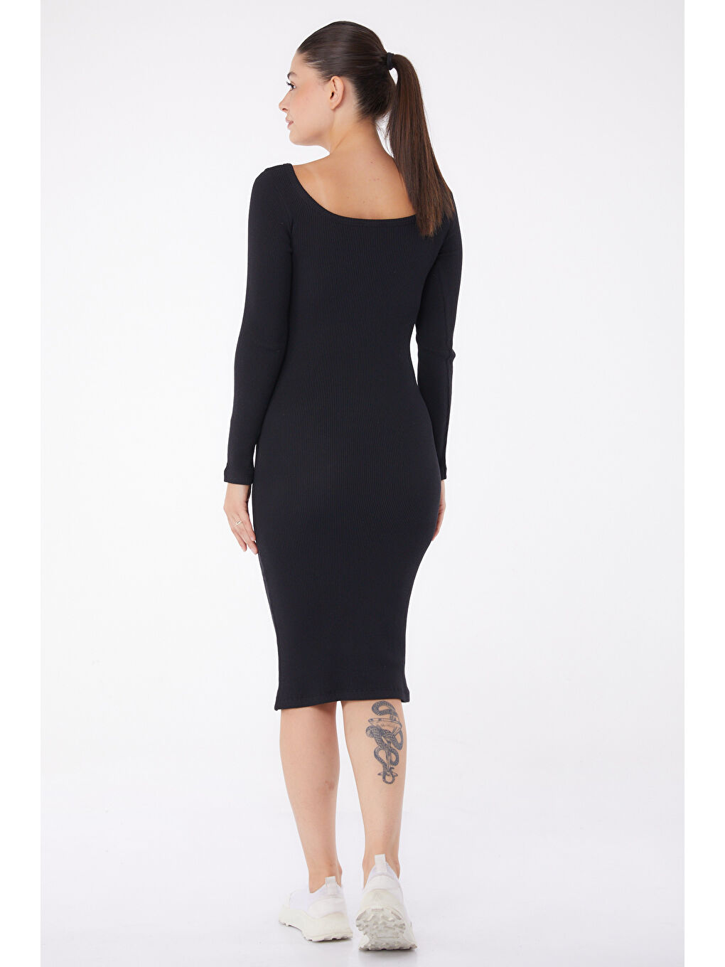 Havuz Yaka Midi Elbise Siyah - 26125-4