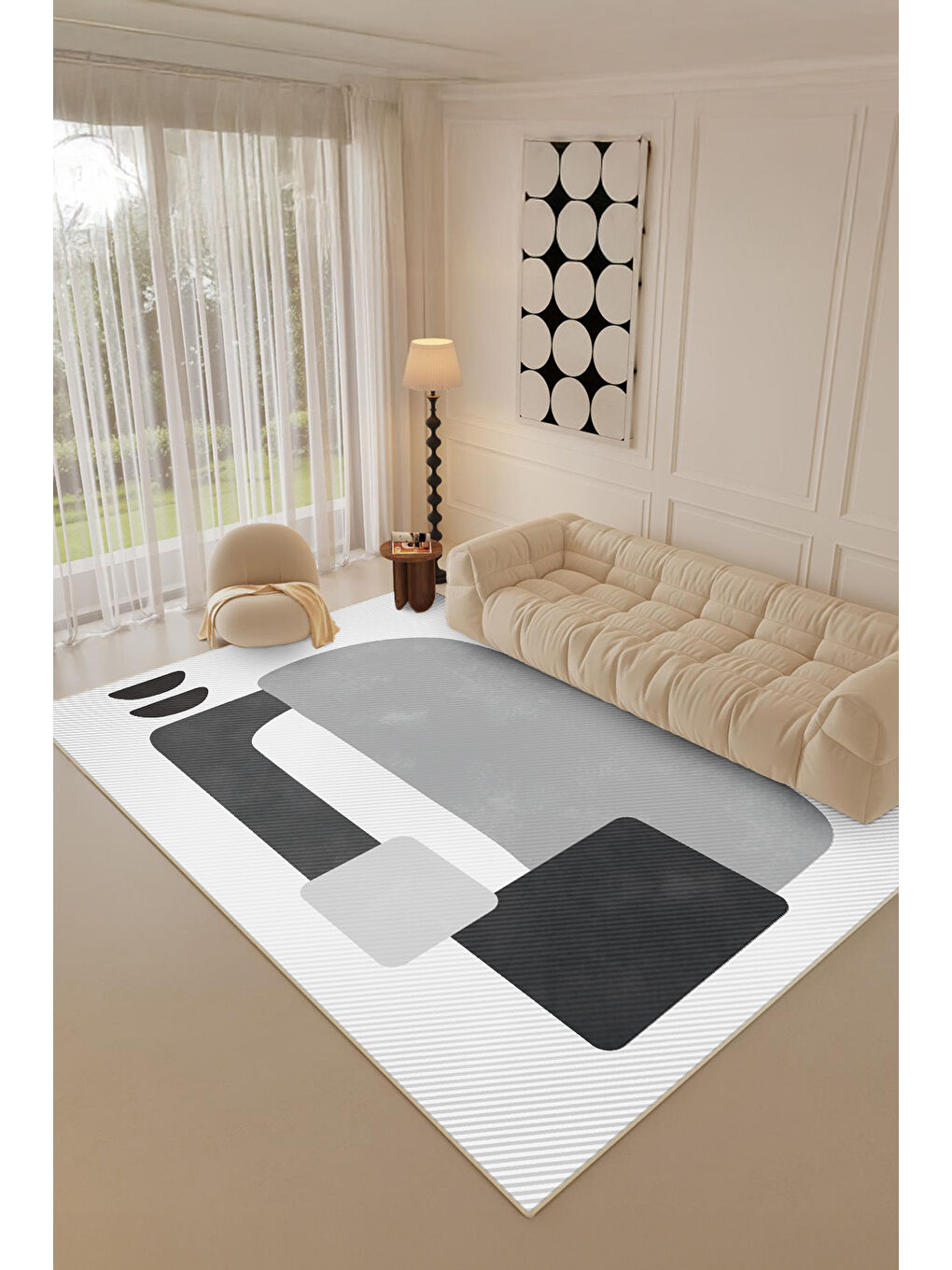 Gri Dekoratif Salon Halısı, Makinada Yıkanabilir, Kaymaz Taban, İnce & Modern Tasarım-3