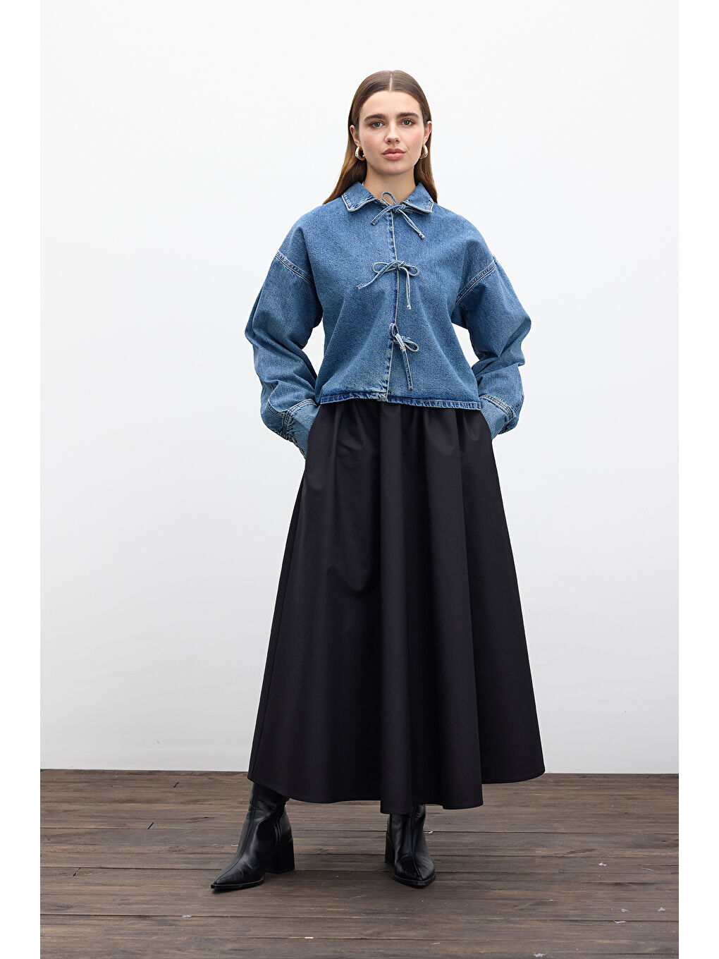 Bağcıklı Denim Bluz Mavi-1