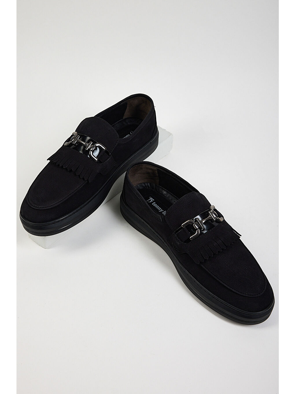 Bordo Erkek Siyah Süet Rahat Kalıp Hakiki Deri Püsküllü Tokalı Loafer-3