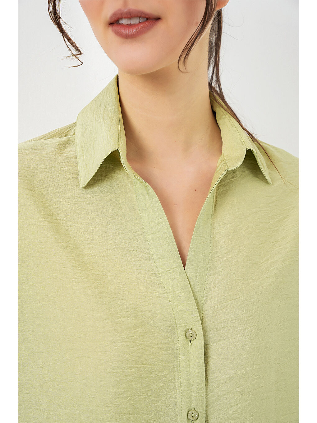 Yeşil Kadın Oversize Kısa Kol Gömlek 20315 - Çağla-3