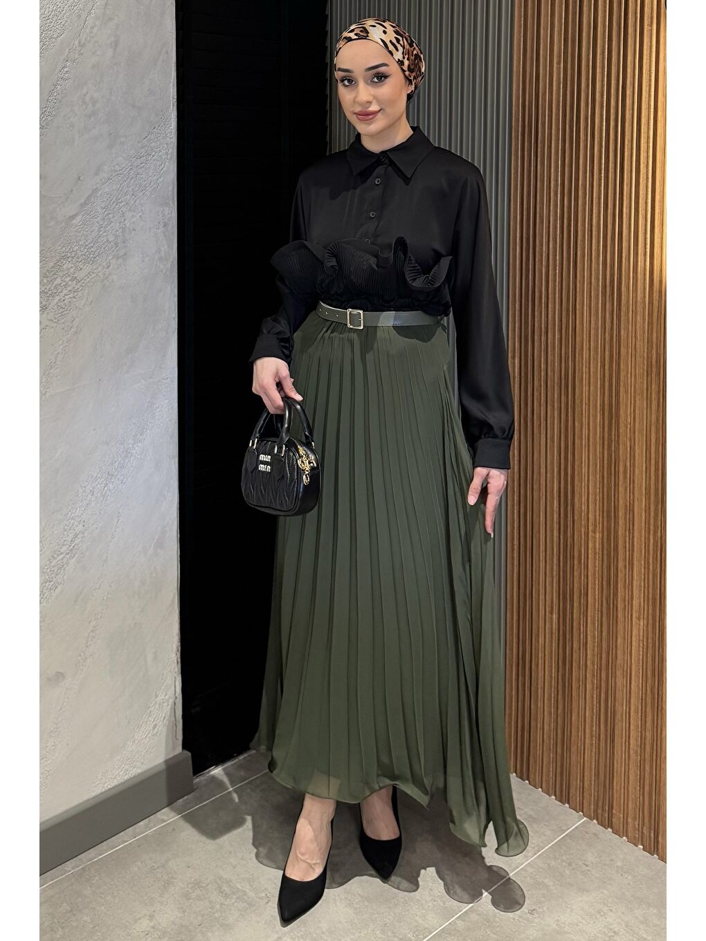 Haki Kemerli Piliseli Tesettür Şifon Etek-3