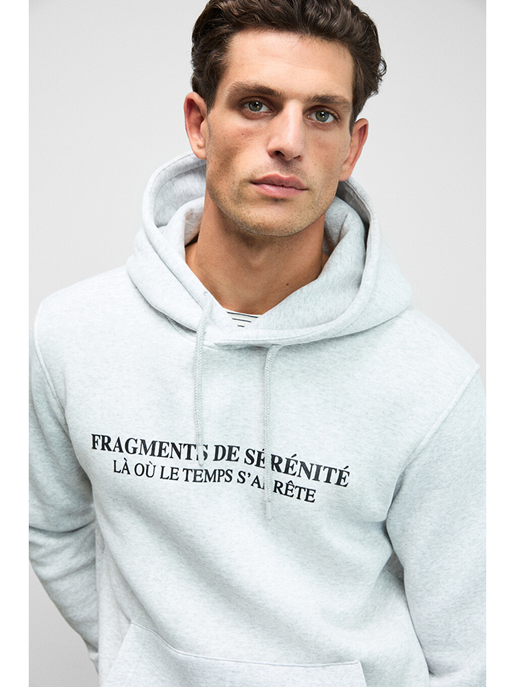 Cornelıus Erkek Önü Ve Kolları Baskılı Kapüşonlu Kordonlu Kanguru Cepli Gri Melanj Sweatshirt-2