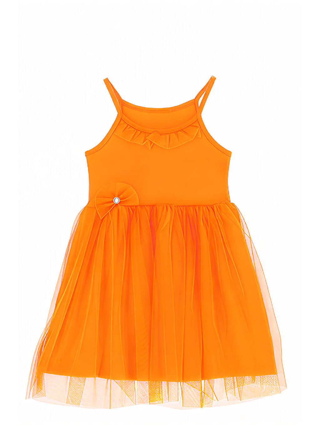 Turuncu Kız Çocuk Elbise -Tüllü ve Süsleme Detaylı-Askılı Kollu- 4-8 Yaş 12536-1