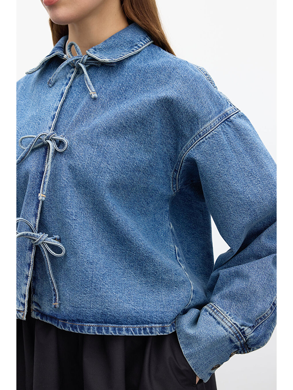 Bağcıklı Denim Bluz Mavi-2