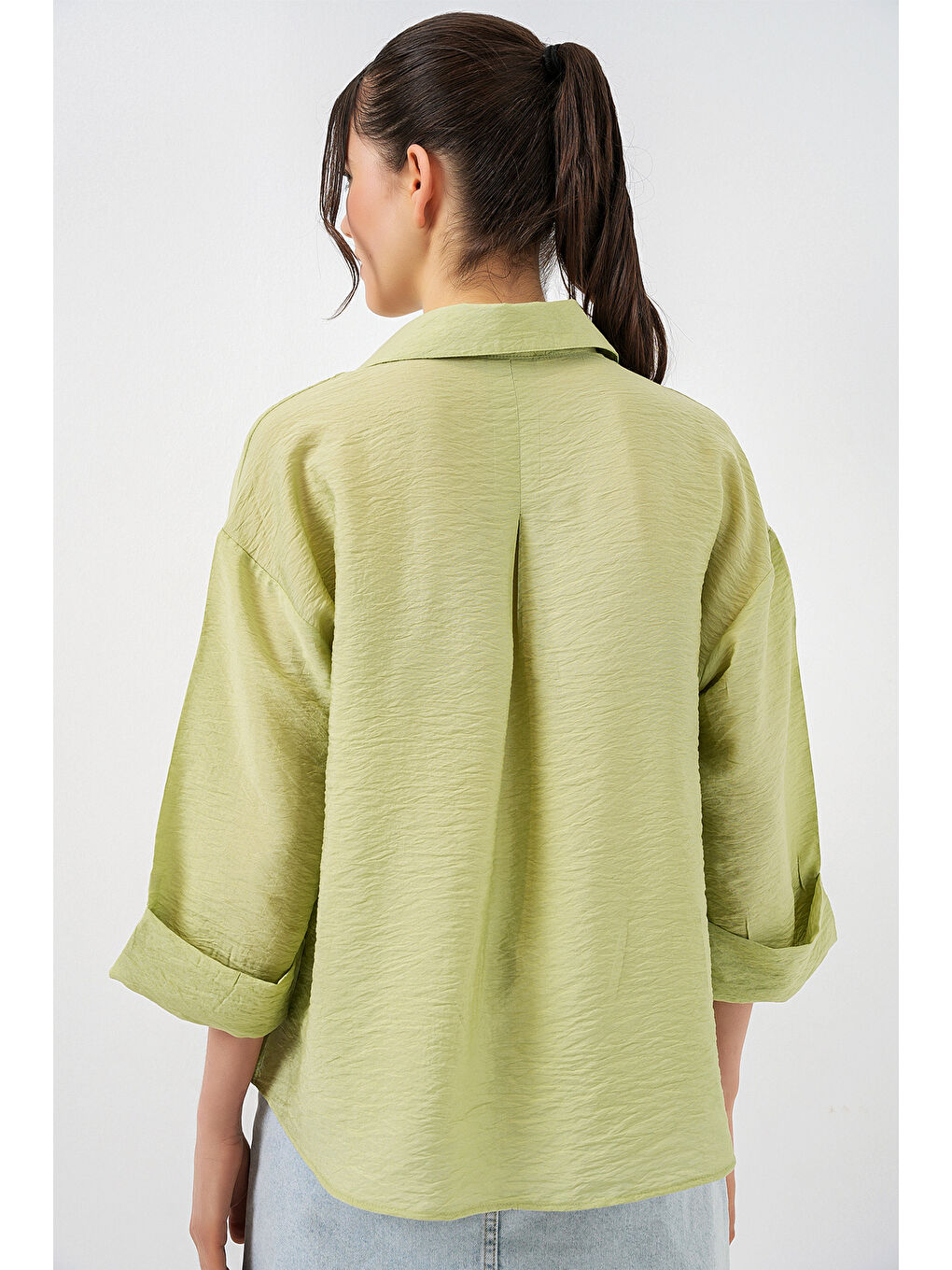 Yeşil Kadın Oversize Kısa Kol Gömlek 20315 - Çağla-4