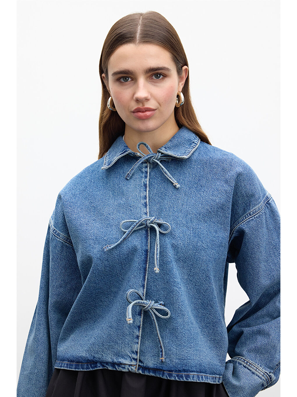 Bağcıklı Denim Bluz Mavi-3