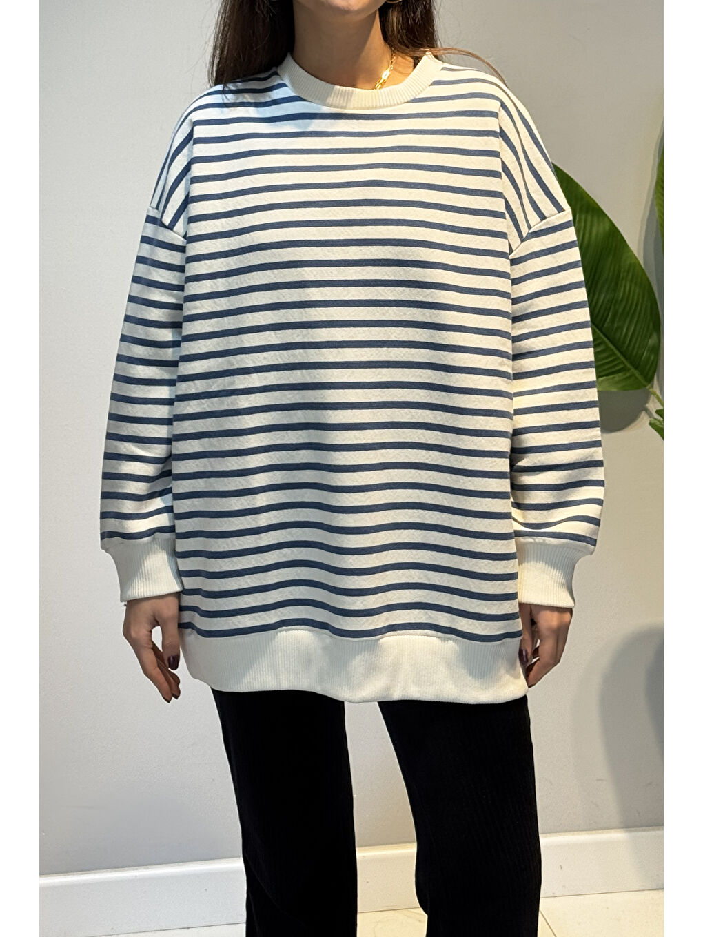 Bisiklet Yaka Çizgili Basic Uzun Kol Sweatshirt 3030 Mavi-1